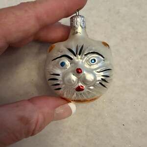 Vintage Poland Blown Glass Cat Face Christmas Ornament
